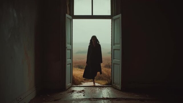 Ghost woman framed by doorway of derelict house, muted tones, emotional quietness, cinematic editorial composition, ghost woman in abandoned house