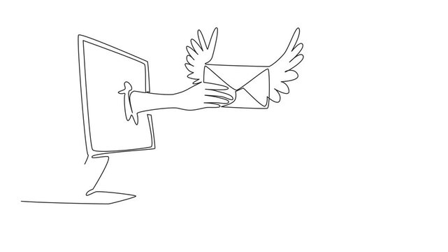 Animated self drawing of one line drawing hand holding winged envelope coming out of monitor. Taking advantage of facilities. Send an Electronic Greeting Card Day. Full length single line animation