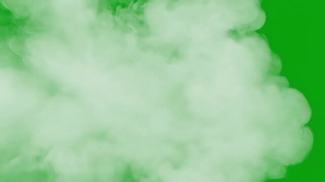 Wisps of white smoke billow against a vibrant green background, creating a dynamic visual element.