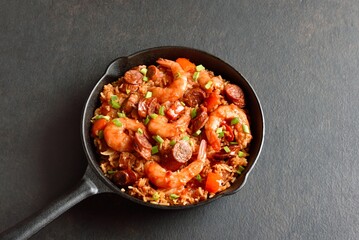 Creole style jambalaya with prawn, smoked sausages and vegetable