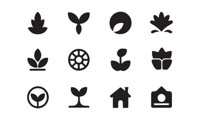 Collection of twelve different plant and nature icons isolated on white background