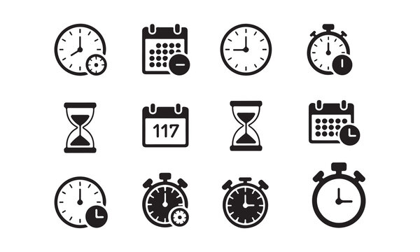 Set of twelve time and schedule icons isolated on white background in black color