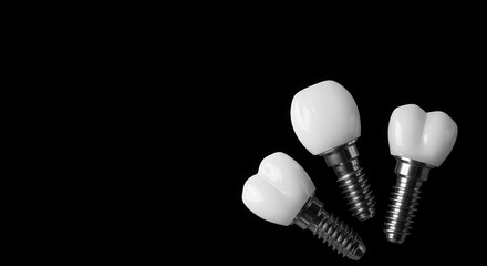 Three realistic dental implants and crowns ready for placement dental prosthetics isolated on transparent background