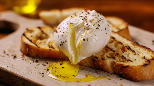 Split burrata oozes over toasted bread with herbs and olive oil. Ideal for editorial, culinary, rustic food, or artisanal ingredient photography themes.