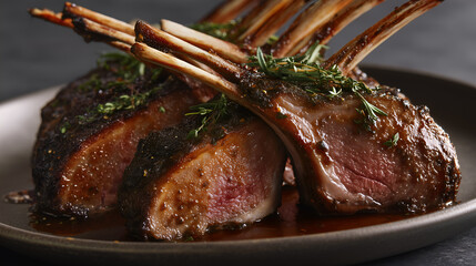 Close-up of sliced rack of lamb cooked medium-rare with caramelized crust, fresh herbs, and glossy sauce. Ideal for gourmet cuisine, food styling, or editorial culinary themes.
