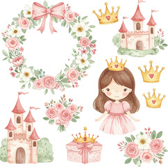 Charming watercolor princess elements including castle wreath crown gift box and girl