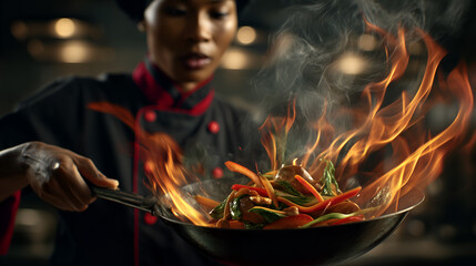 Flame arc and wok motion evoke clarity, ritual, and editorial depth in culinary storytelling. Uniform contrast and steam rhythm highlight heat, skill, and visual intensity.