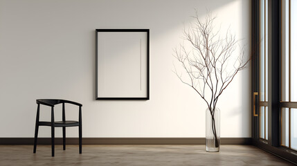 Chair form and frame void evoke clarity, ritual, and editorial depth in spatial storytelling. Branch texture and light rhythm highlight simplicity, contrast, and visual stillness.
