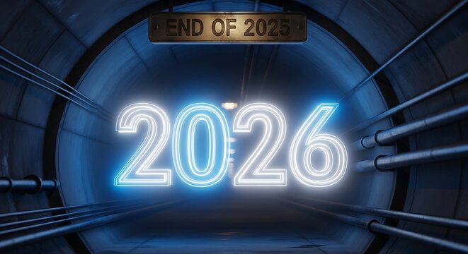 A symbolic representation of the transition from 2025 to 2026, depicted through a tunnel with neon lights, signifying the end of one era and the start of another