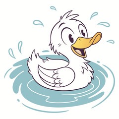 Cute Cartoon Duck Swimming in Water. Happy Animal Mascot Vector Illustration.