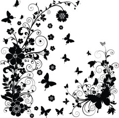 Elegant black silhouette floral swirls and butterflies flourishing in a delicate design
