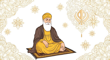 Illustration of Guru Nanak Dev Ji, the founder of Sikhism, with intricate golden ornaments