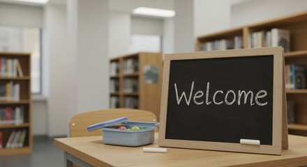 Fototapeta premium Welcome Blackboard in the Library: A welcoming message adorns a blackboard set on a desk in a spacious library setting, inviting viewers to explore knowledge and learning