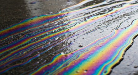 Fototapeta premium Colorful sheen of oil spill on wet pavement rainbow effect