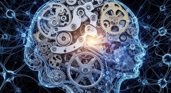 Conceptual depiction of human brain with gears and neuron network representing intelligence