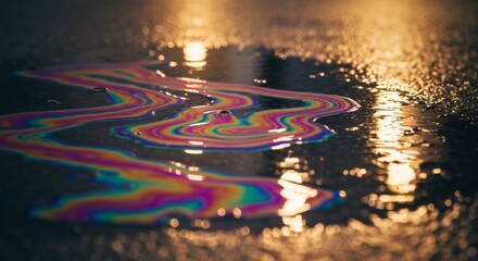 Fototapeta premium Iridescent oil slick on wet pavement reflects blurred golden light