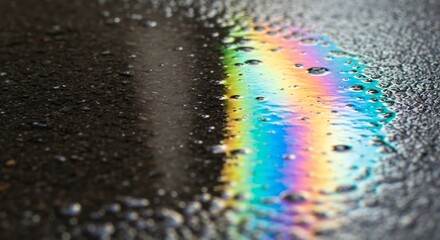 Fototapeta premium Iridescent liquid spill reflects vibrant colors on textured asphalt creating an oilslick rainbow effect