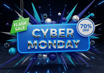 3D Render: Cyber Monday Flash Sale Banner with 70% Off on High-Tech Background