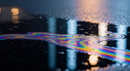 Fototapeta premium Rainbow oil slick on wet pavement reflecting lights and building details
