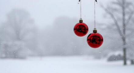 Two Red Christmas Ornaments in Snowy Weather red bauble
