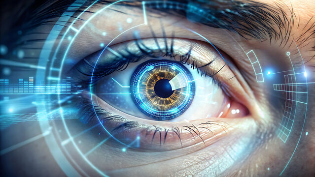 Futuristic digital eye with blue light and data streams