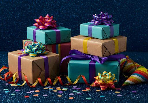 Birthday Gifts Stacked with Party Hats and Confetti