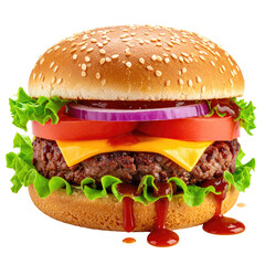 A juicy, stacked burger on a black background, with sesame bun, patty, toppings, and sauce