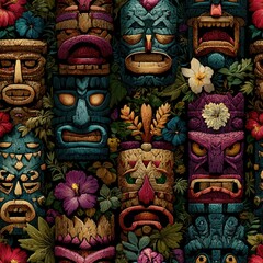 Obraz premium Seamless Pattern of Colorful Tiki Masks Surrounded by Tropical Flowers in a Vibrant Pattern Design