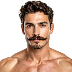 Close-up of a man with a handlebar mustache, tanned skin, and curly brown hair