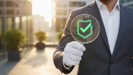 A businessman inspecting a digital checkmark shows trust and detail in iso certification audit meeting concept and iso certification and quality management