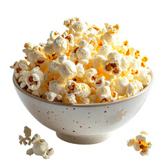 A full speckled bowl of fluffy popcorn with some scattered pieces, on a black background