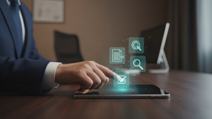 A hand using a holographic icons above tablet shows workflow precision in iso certification audit meeting concept and iso certification and quality management