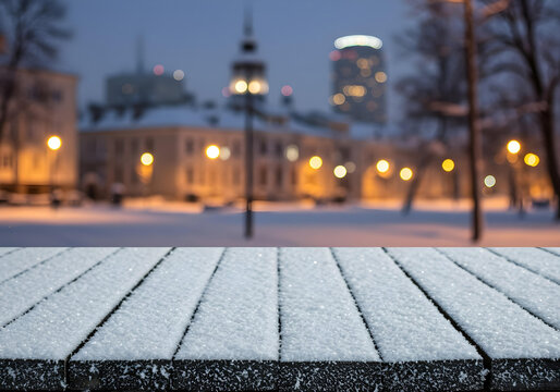 Frosted wooden table in a snowy city park at dusk winter