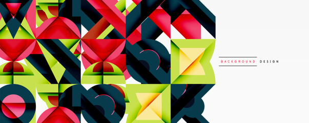 Abstract geometric pattern. Colorful triangles, squares create modern design. Minimalist style, vibrant hues, clean lines present.