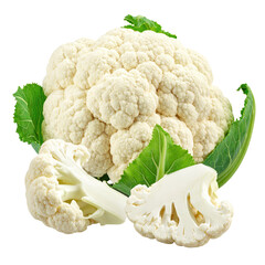 A whole cauliflower with cut pieces and green leaves on a transparent background