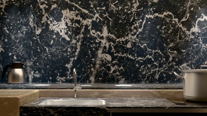 The modern luxury kitchen background created by 3D modeling.