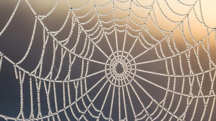 Obraz premium Macro closeup of a spider&nbsp;web with shimmering dew&nbsp;drops in the morning capturing a delicate pattern in nature