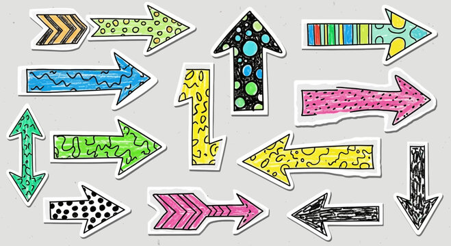 Collection of colorful hand-drawn arrows, a fun, playful design element for creatives
