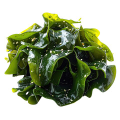 A glistening, textured pile of dark green seaweed sprinkled with sesame seeds, isolated