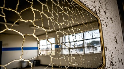 Cracked Mirror Leaning Against Wall in a Hospital Room Reflecting Desolate Surroundings