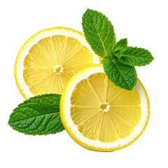 Sliced lemons and vibrant green mint leaves arranged against a solid black background