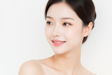 Female Asian Model with Short Hair - Young Beautiful Woman with Hair Bun - Studio Portrait of Asian Beauty for Fashion, Cosmetic, Skincare - Posing on White Background - Smooth Tied Hair