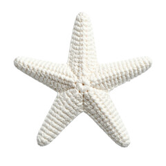 Close-up shot of a white, crochet starfish against a stark black background