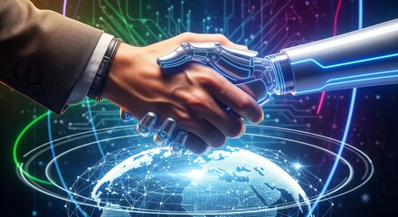 Human handshaking with a robotic hand over a futuristic globe concept