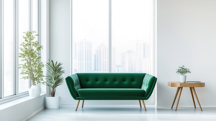 sofa. Elegant green sofa in a minimalist living space, blending natural light and simple decor for modern comfort. real-estate listings.