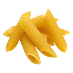 Close-up of uncooked, golden-yellow penne pasta tubes, with ridged texture, against black