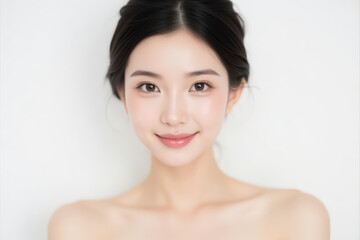 Female Asian Model with Short Hair - Young Beautiful Woman with Hair Bun - Studio Portrait of Asian Beauty for Fashion, Cosmetic, Skincare - Posing on White Background - Smooth Tied Hair