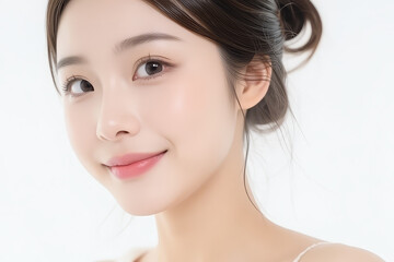 Fototapeta premium Female Asian Model with Short Hair - Young Beautiful Woman with Hair Bun - Studio Portrait of Asian Beauty for Fashion, Cosmetic, Skincare - Posing on White Background - Smooth Tied Hair