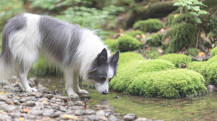 Dog Drinks Water From a Small Stream Surrounded by Green Moss and Rocks in a Serene Forest Setting