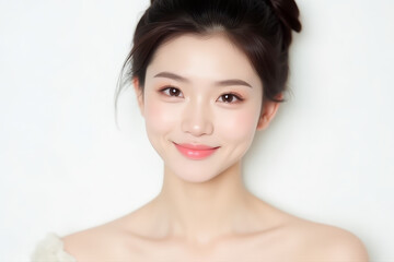 Female Asian Model with Short Hair - Young Beautiful Woman with Hair Bun - Studio Portrait of Asian Beauty for Fashion, Cosmetic, Skincare - Posing on White Background - Smooth Tied Hair